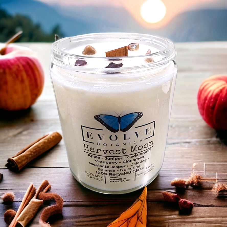 Evolve Botanica Wood Wick Crystal Soy Candle - Harvest Moon (Mookite)