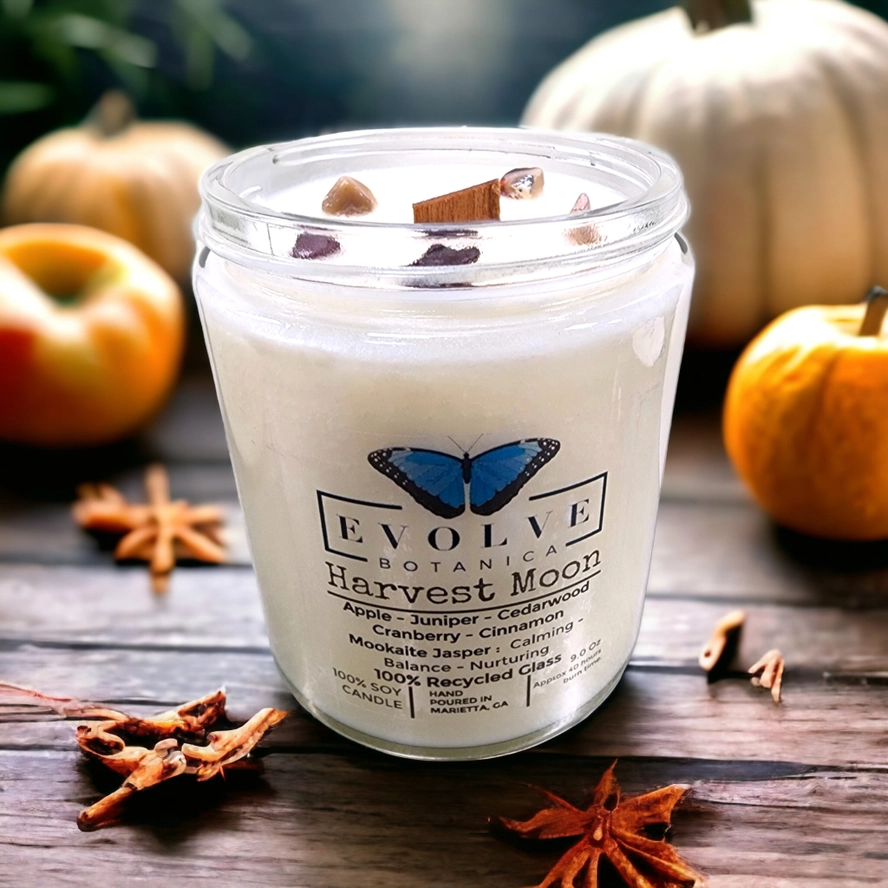 Evolve Botanica Wood Wick Crystal Soy Candle - Harvest Moon (Mookite)