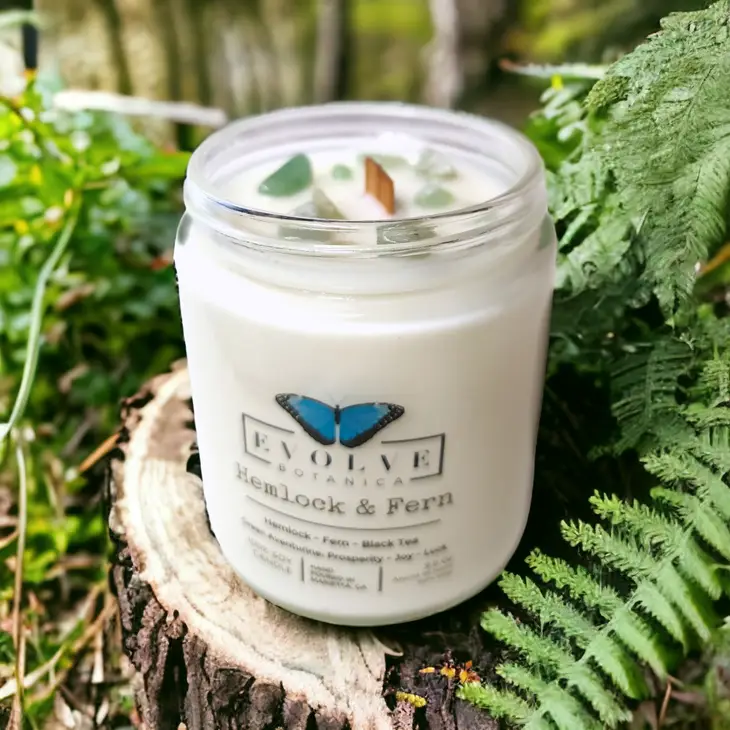 Classic 9oz Jam Jar Crystal Soy Candle - Hemlock & Fern (Aventurine) Evolve Botanica