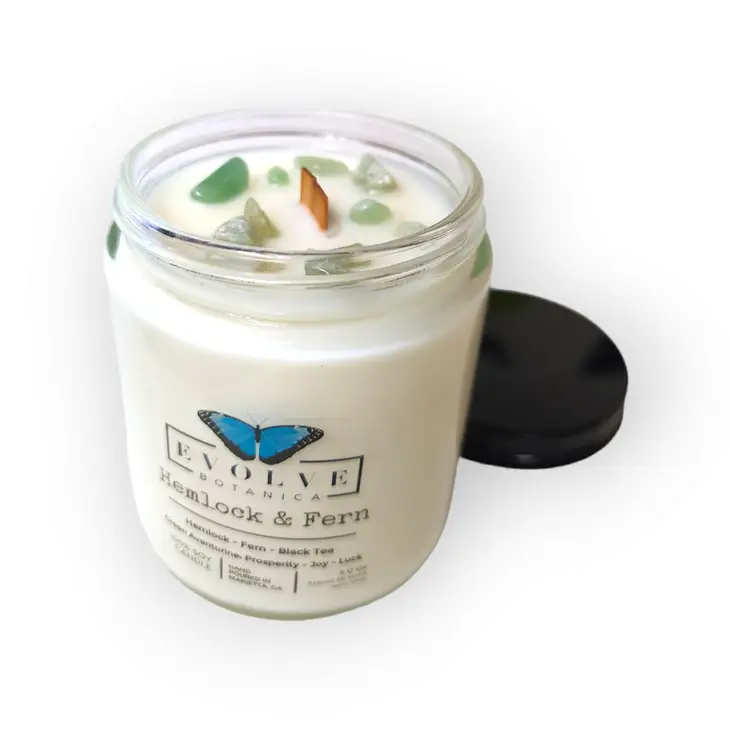 Classic 9oz Jam Jar Crystal Soy Candle - Hemlock & Fern (Aventurine) Evolve Botanica