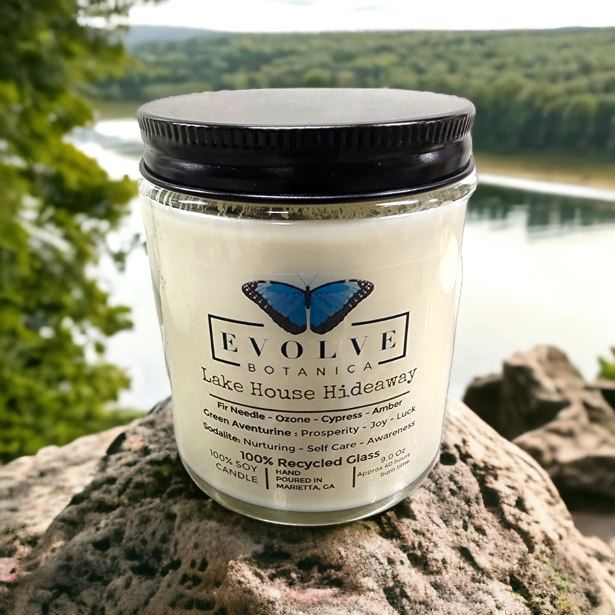 Evolve Botanica Classic 9oz Jam Jar Crystal Soy Candle - Lake House Hideaway (Aventurine)
