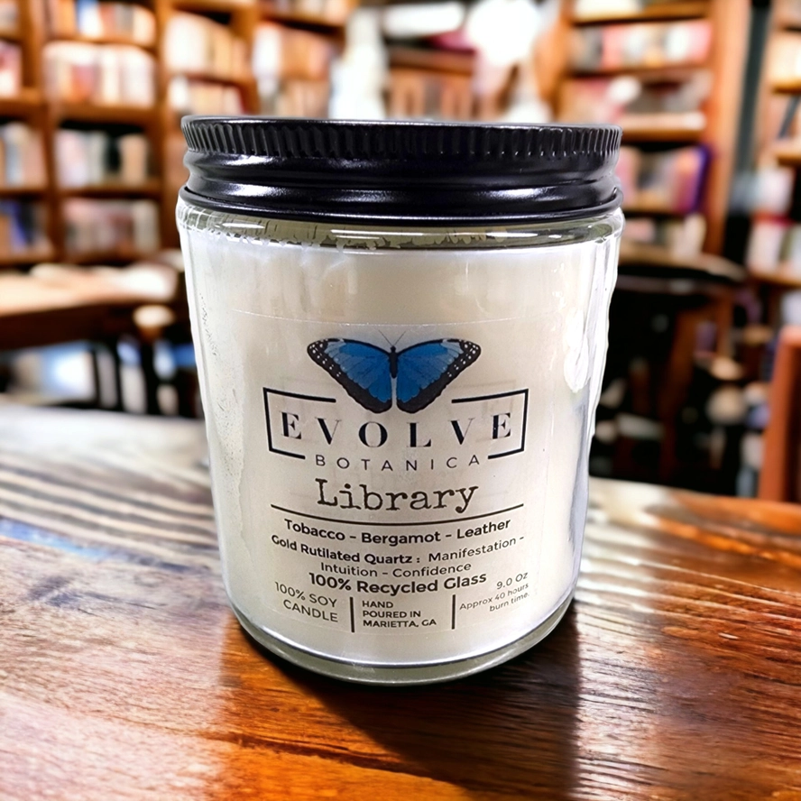 Evolve Botanica Classic 9oz Jam Jar Crystal Soy Candle - Library (Rutilated Quartz)