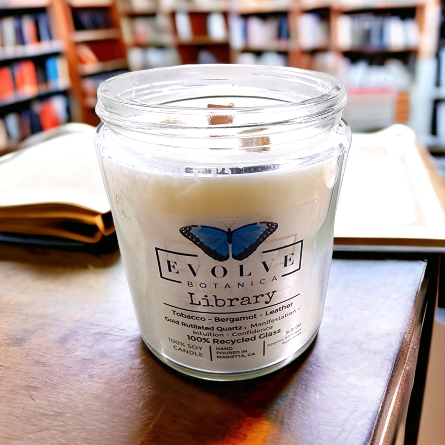 Evolve Botanica Classic 9oz Jam Jar Crystal Soy Candle - Library (Rutilated Quartz)
