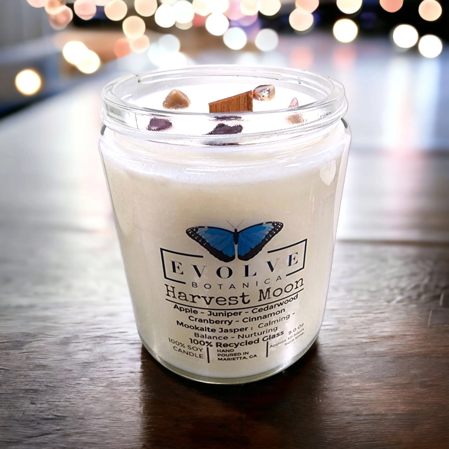Evolve Botanica Classic 9oz Jam Jar Crystal Soy Candle - Library (Rutilated Quartz)