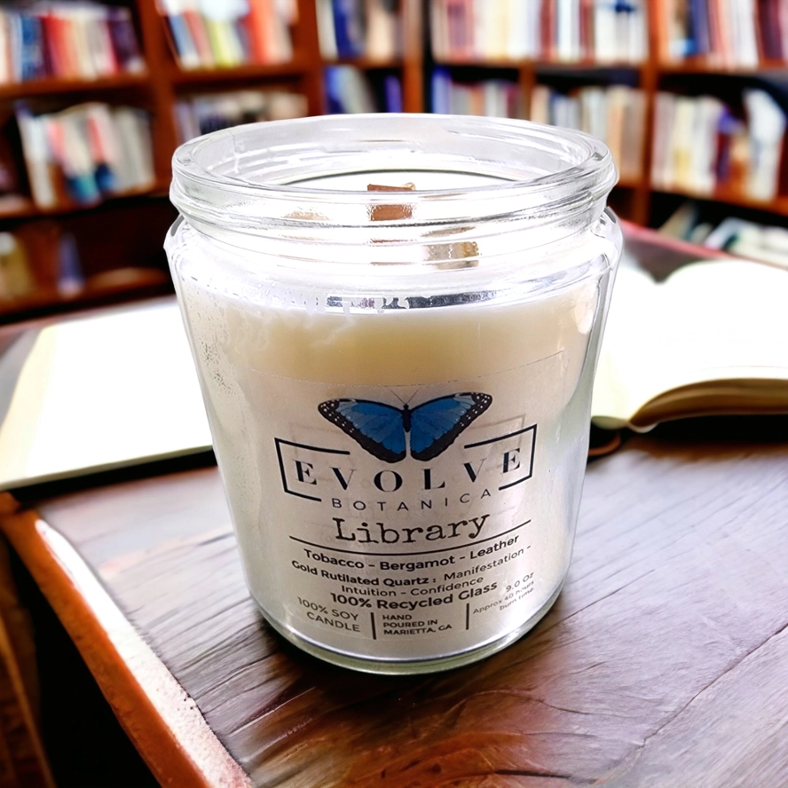 Evolve Botanica Classic 9oz Jam Jar Crystal Soy Candle - Library (Rutilated Quartz)