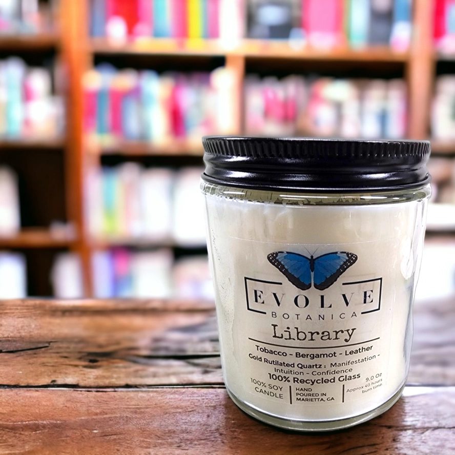 Evolve Botanica Classic 9oz Jam Jar Crystal Soy Candle - Library (Rutilated Quartz)