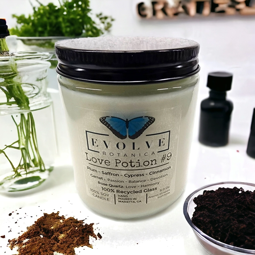 Evolve Botanica Classic 9oz Jam Jar Crystal Soy Candle  - Love Potion #9 (Rose Quartz & Garnet)