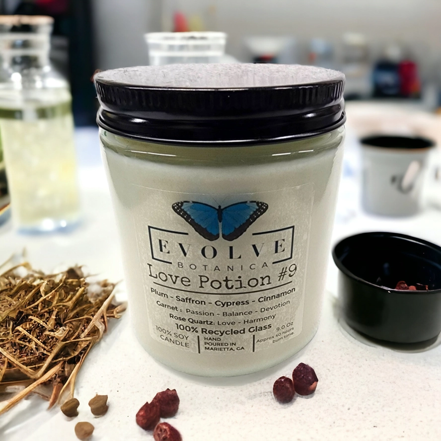 Evolve Botanica Classic 9oz Jam Jar Crystal Soy Candle  - Love Potion #9 (Rose Quartz & Garnet)