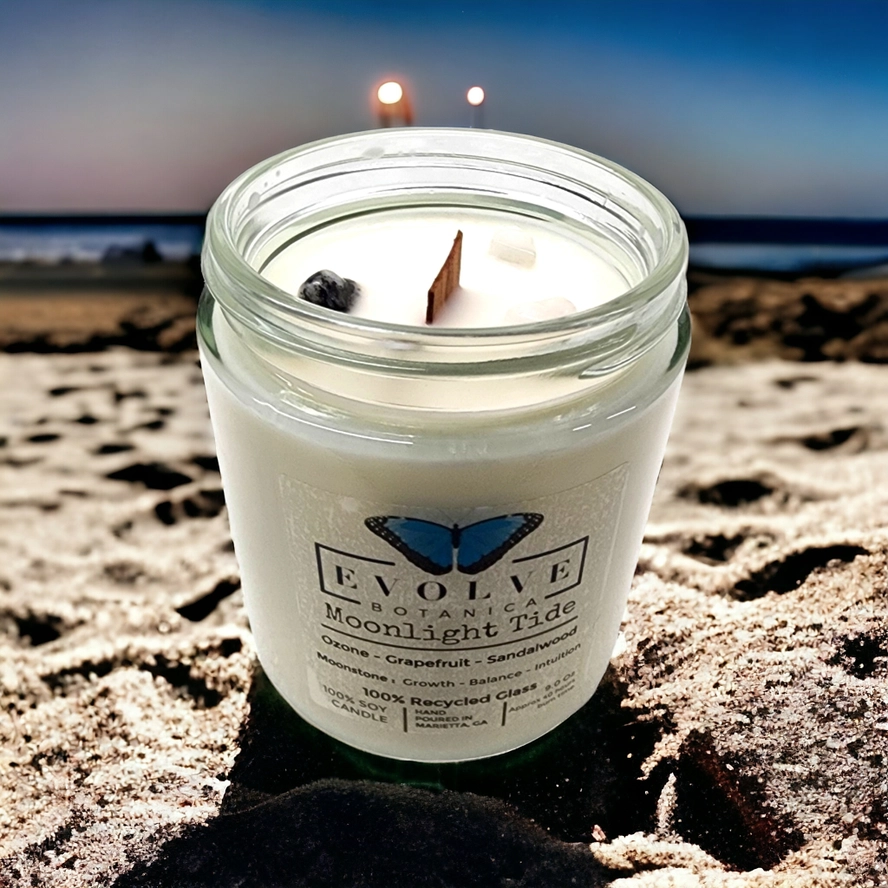 Evolve Botanica Classic 9oz Jam Jar Crystal Soy Candle  - Moonlight Tide (Moonstone)