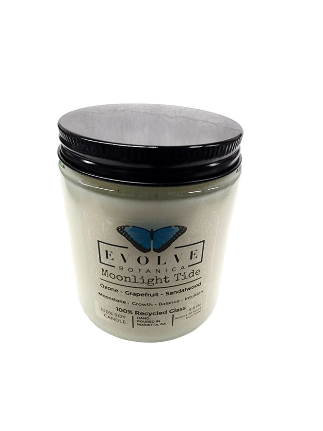 Evolve Botanica Classic 9oz Jam Jar Crystal Soy Candle  - Moonlight Tide (Moonstone)