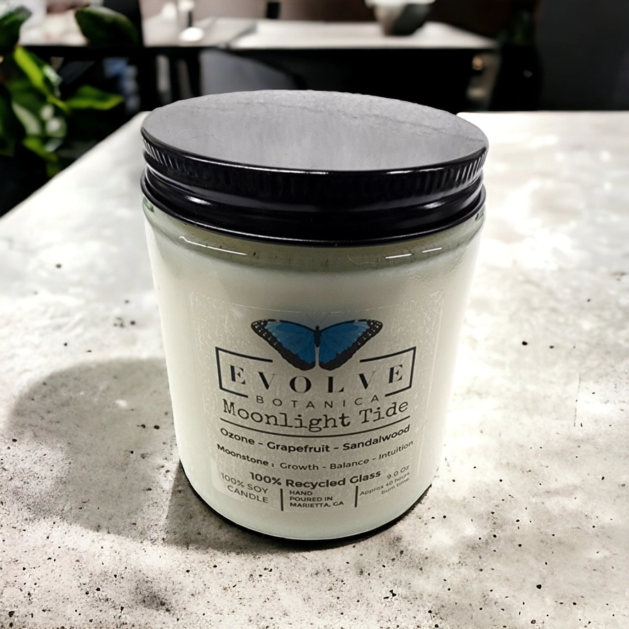 Evolve Botanica Classic 9oz Jam Jar Crystal Soy Candle  - Moonlight Tide (Moonstone)