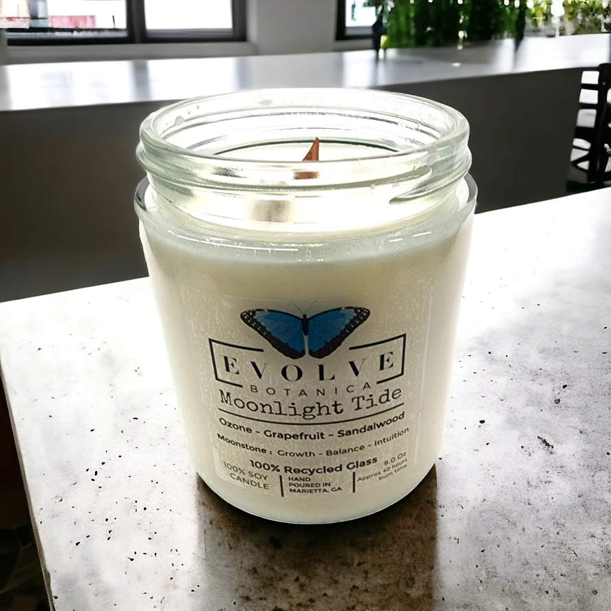 Evolve Botanica Classic 9oz Jam Jar Crystal Soy Candle  - Moonlight Tide (Moonstone)