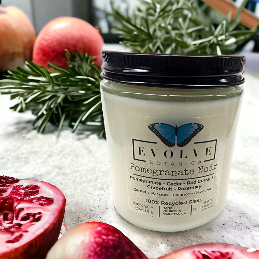 Evolve Botanica Classic 9oz Jam Jar Crystal Soy Candle - Pomegranate Noir (Garnet)