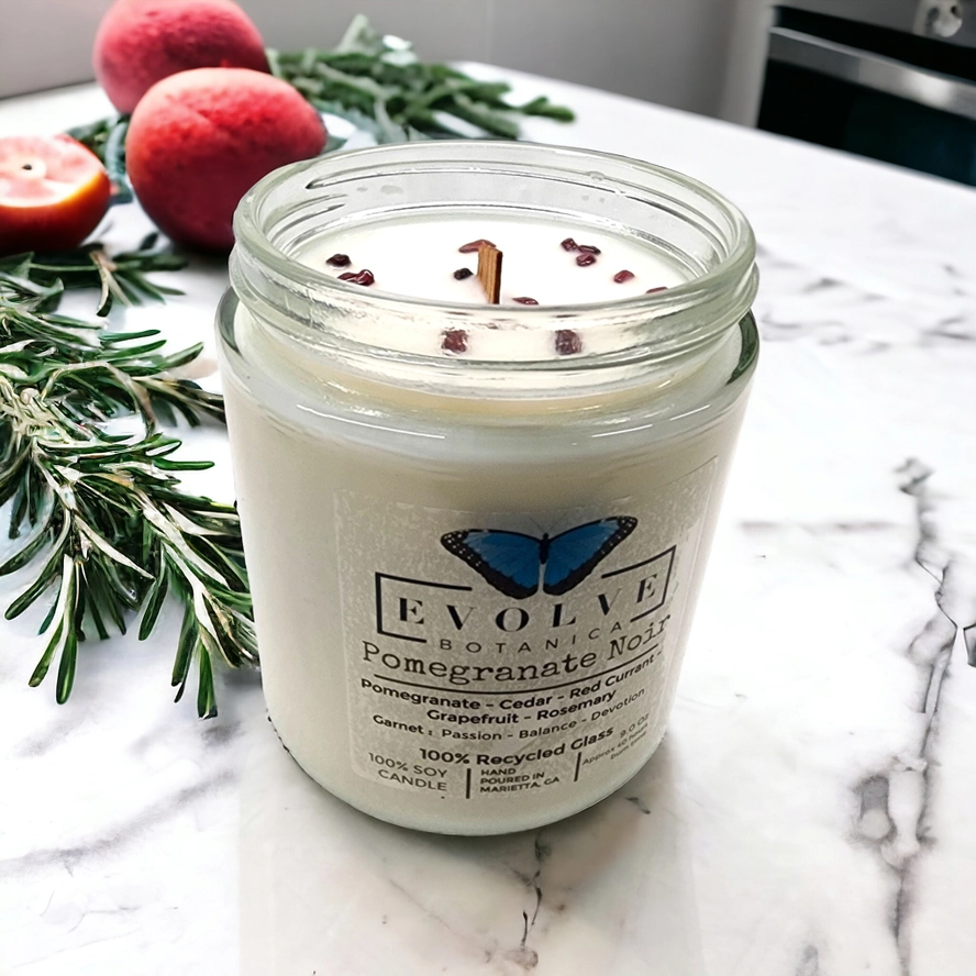 Evolve Botanica Classic 9oz Jam Jar Crystal Soy Candle - Pomegranate Noir (Garnet)