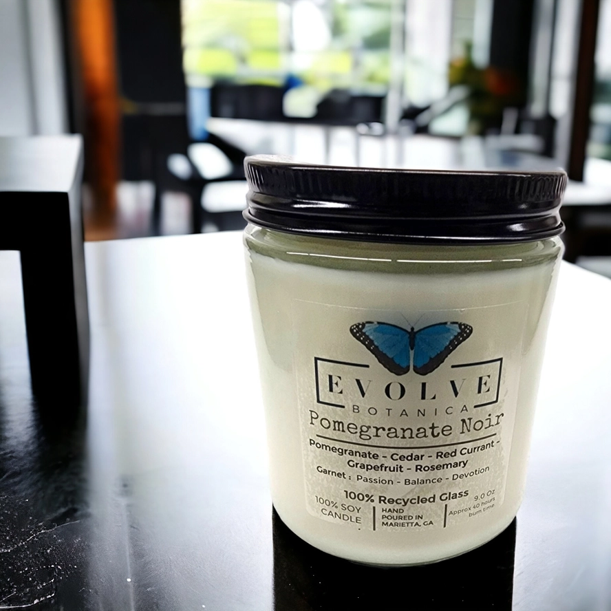 Evolve Botanica Classic 9oz Jam Jar Crystal Soy Candle - Pomegranate Noir (Garnet)