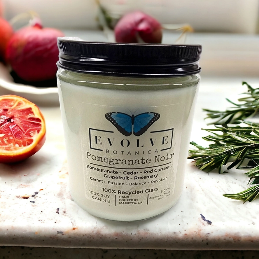 Evolve Botanica Classic 9oz Jam Jar Crystal Soy Candle - Pomegranate Noir (Garnet)