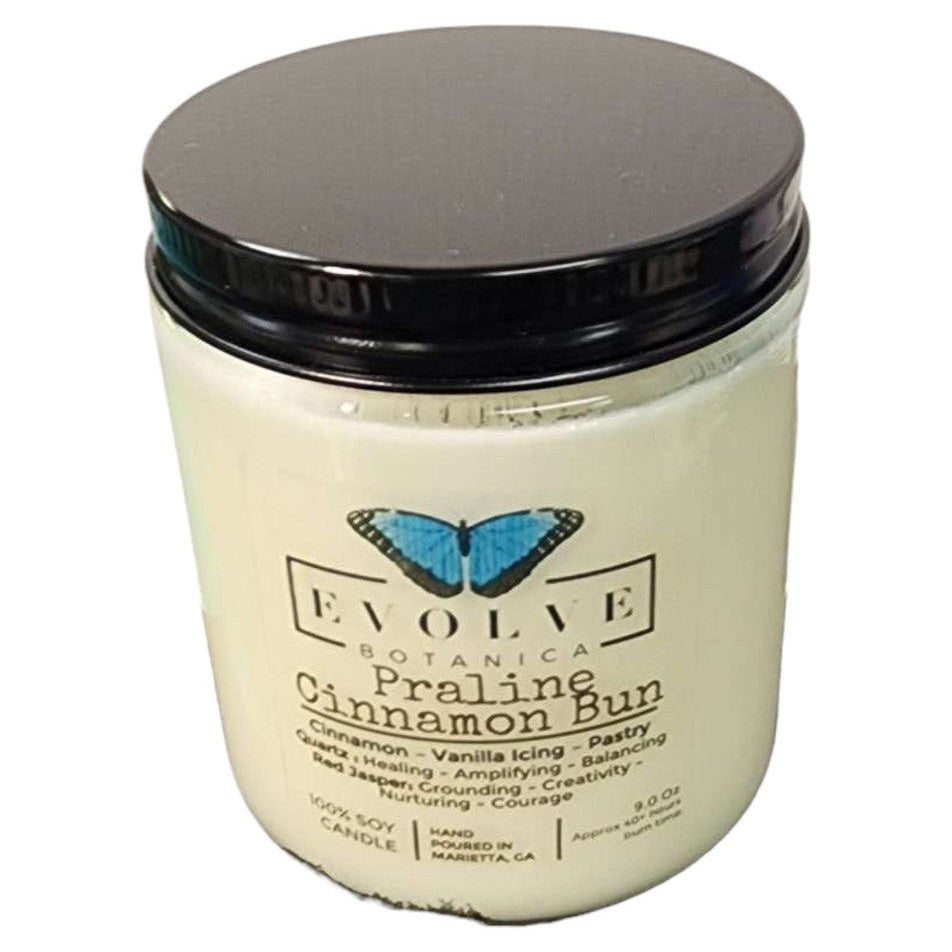 Evolve Botanica Classic Crystal Soy Candle  - Praline Cinnamon Bun (Red Jasper & Clear Quartz)