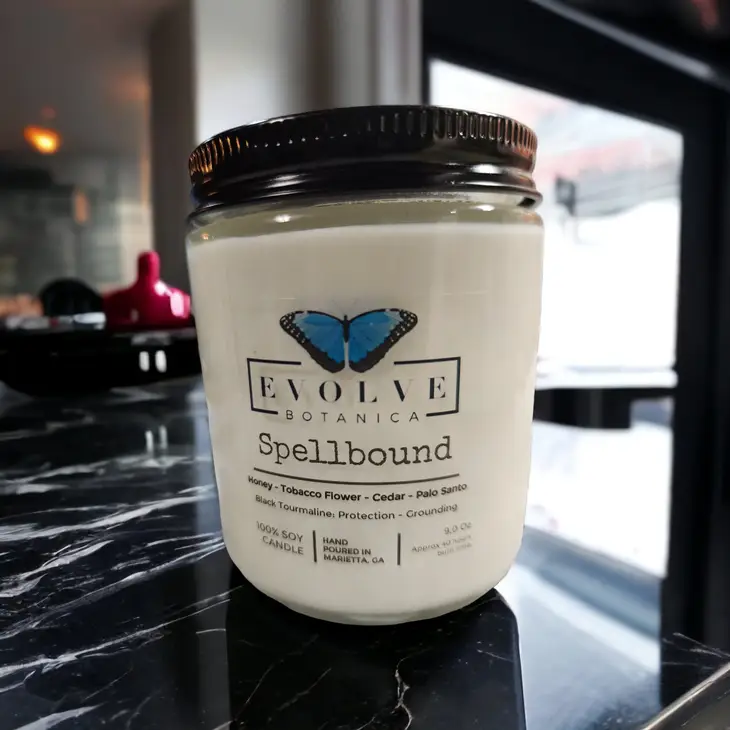 Classic 9oz Jam Jar Crystal Soy Candle - Spellbound (Black Tourmaline) Evolve Botanica