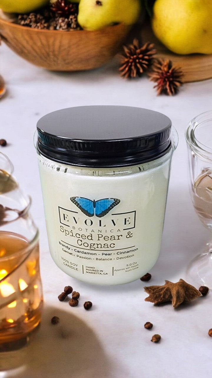Evolve Botanica Classic 9oz Jam Jar Crystal Soy Candle - Spiced Pear & Cognac (Garnet)