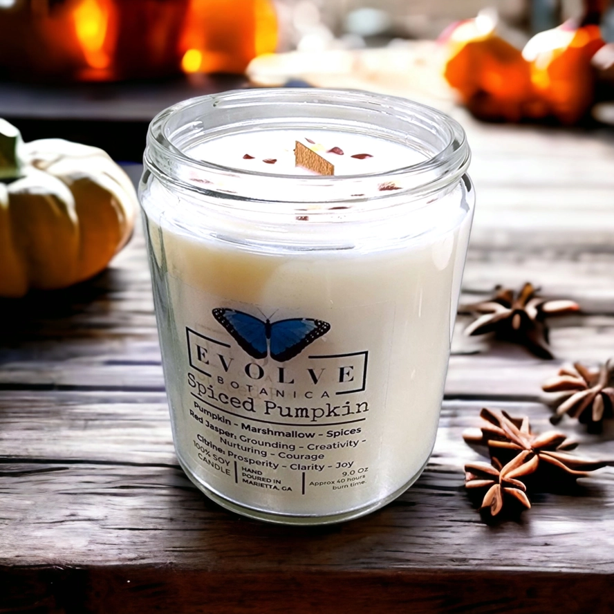 Evolve Botanica Classic 9oz Jam Jar Crystal Soy Candle - Spiced Pumpkin (Jasper & Citrine)