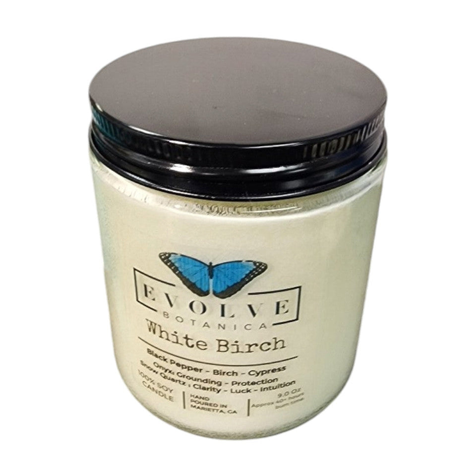Evolve Botanica Classic 9oz Jam Jar Crystal Soy Candle - White Birch (Snow Quartz & Onyx)