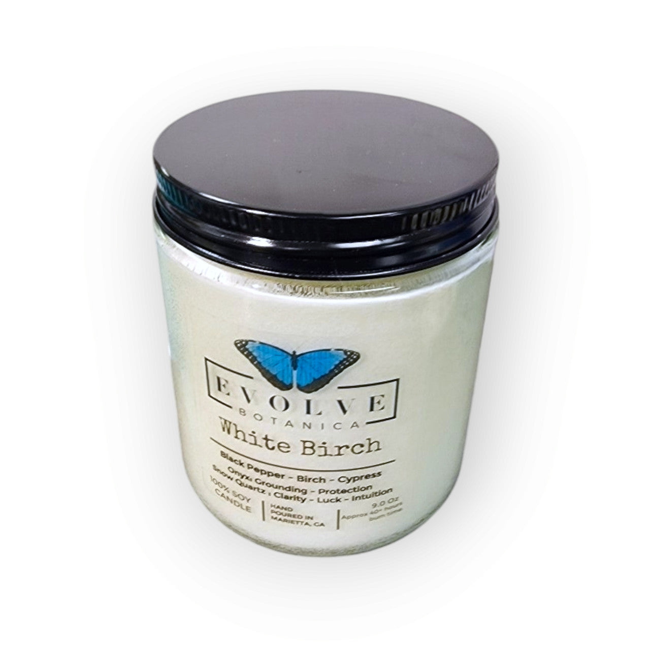 Evolve Botanica Classic 9oz Jam Jar Crystal Soy Candle - White Birch (Snow Quartz & Onyx)