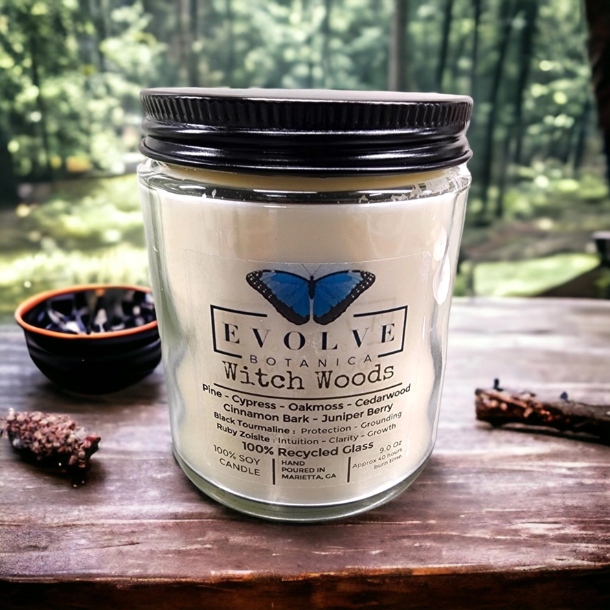 Evolve Botanica Classic 9oz Jam Jar Crystal Soy Candle - Witch Woods (Tourmaline & Zoisite)