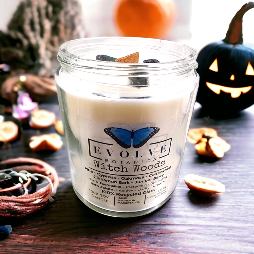 Evolve Botanica Classic 9oz Jam Jar Crystal Soy Candle - Witch Woods (Tourmaline & Zoisite)