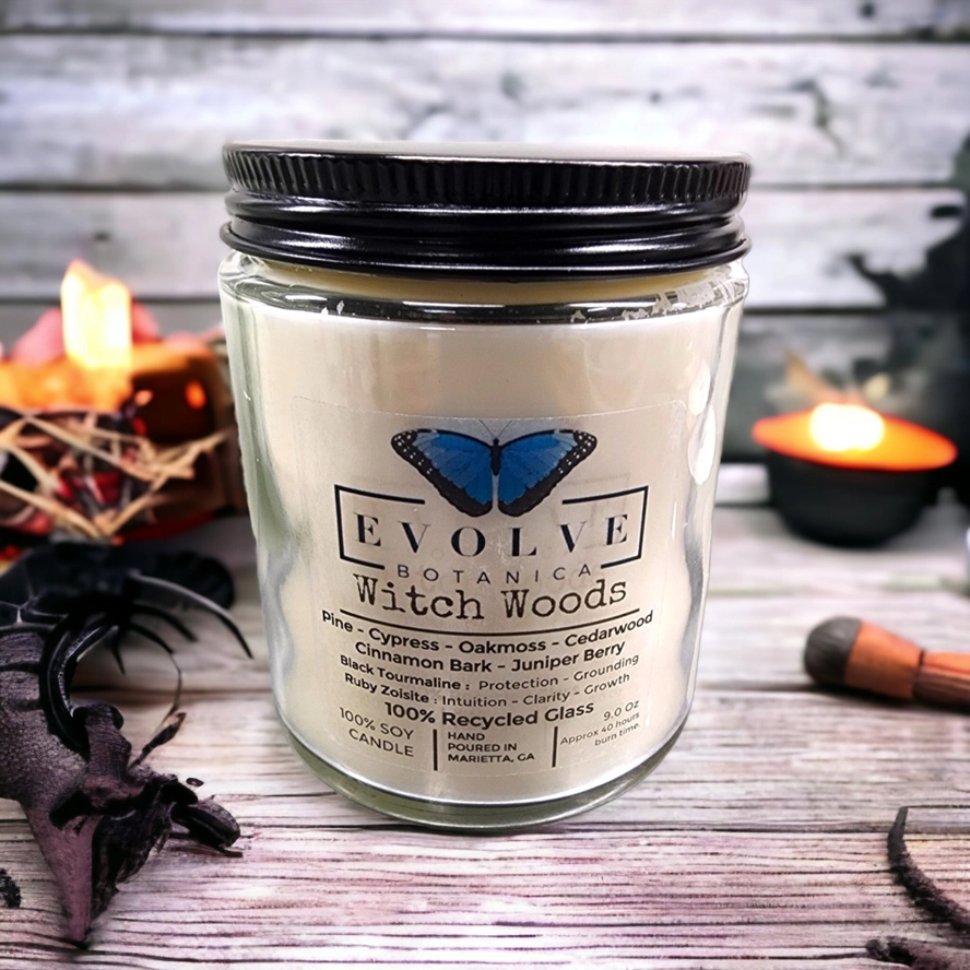 Evolve Botanica Classic 9oz Jam Jar Crystal Soy Candle - Witch Woods (Tourmaline & Zoisite)