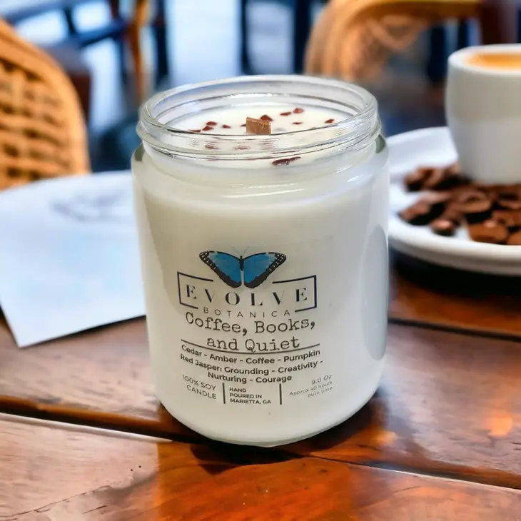 Classic 9oz Jam Jar Crystal Soy Candle - Coffee, Books, & Quiet (Jasper) Evolve Botanica