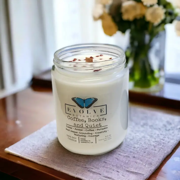 Classic 9oz Jam Jar Crystal Soy Candle - Coffee, Books, & Quiet (Jasper) Evolve Botanica