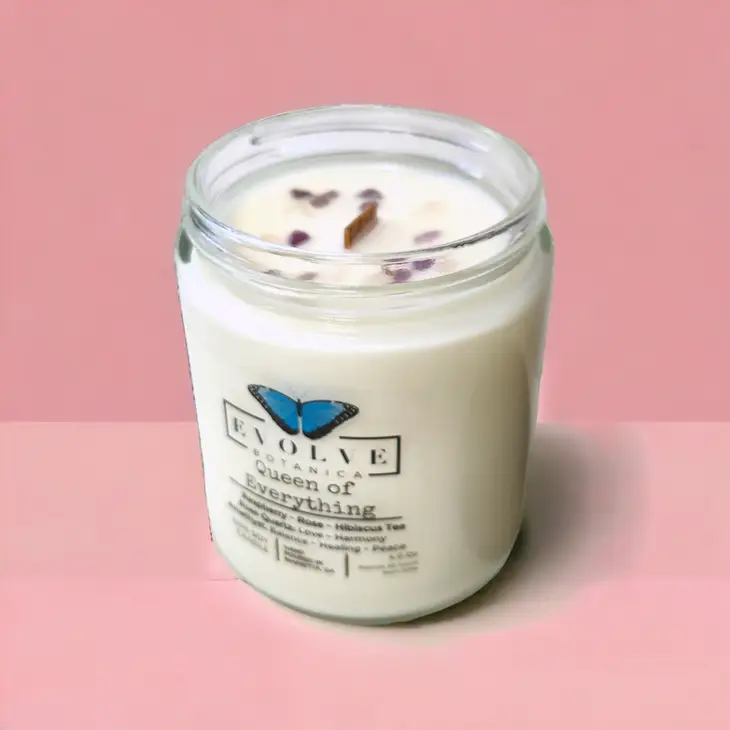Classic 9oz Jam Jar Crystal Soy Candle - Queen of Everything (Mother's Day, Rose Quartz, Amethyst) Evolve Botanica