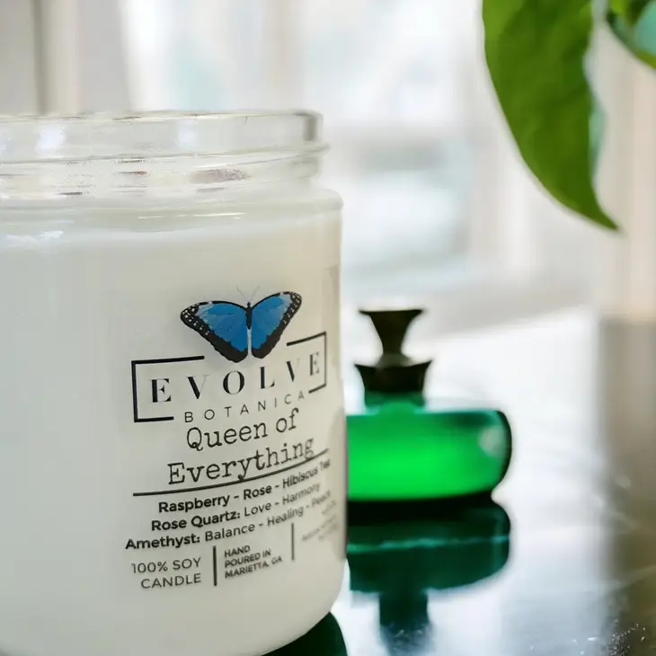 Classic 9oz Jam Jar Crystal Soy Candle - Queen of Everything (Mother's Day, Rose Quartz, Amethyst) Evolve Botanica