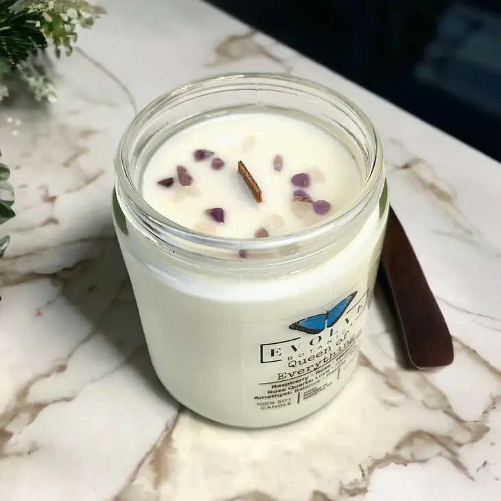 Classic 9oz Jam Jar Crystal Soy Candle - Queen of Everything (Mother's Day, Rose Quartz, Amethyst) Evolve Botanica