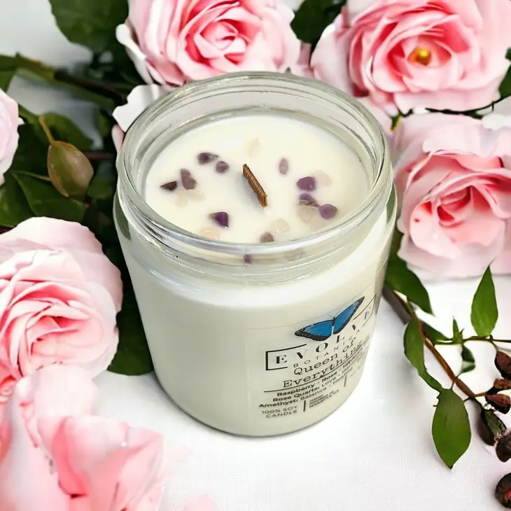 Classic 9oz Jam Jar Crystal Soy Candle - Queen of Everything (Mother's Day, Rose Quartz, Amethyst) Evolve Botanica