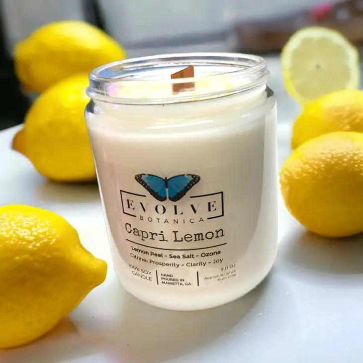 Classic 9oz Jam Jar Crystal Soy Candle - Capri Lemon (Citrine) Evolve Botanica