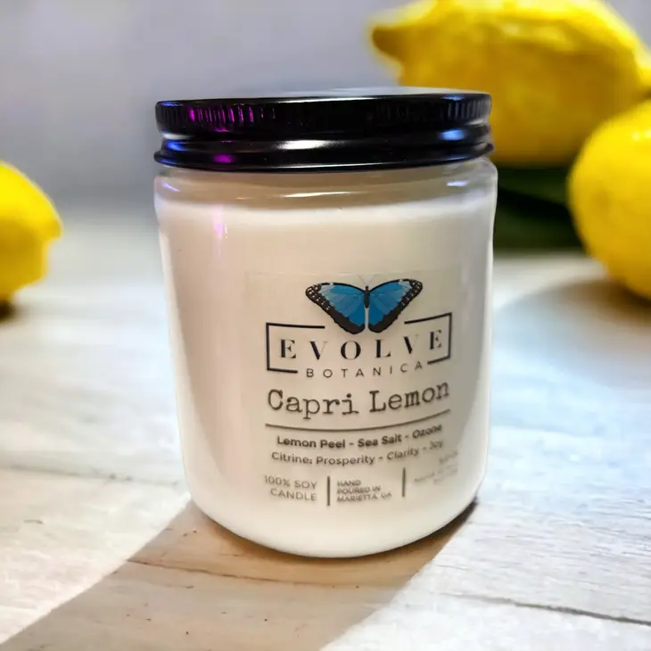 Classic 9oz Jam Jar Crystal Soy Candle - Capri Lemon (Citrine) Evolve Botanica