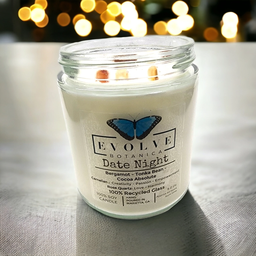 Evolve Botanica Classic 9oz Jam Jar Crystal Soy Candle - Date Night (Rose Quartz & Carnelian)