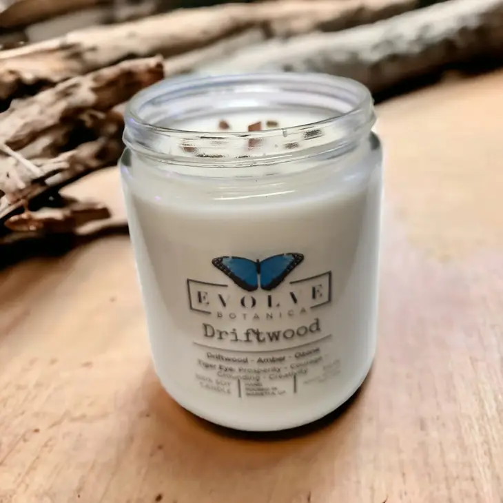 Classic 9oz Jam Jar Crystal Soy Candle - Driftwood (Tiger Eye) Evolve Botanica