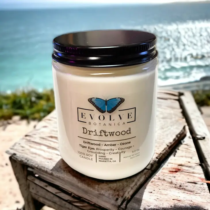 Classic 9oz Jam Jar Crystal Soy Candle - Driftwood (Tiger Eye) Evolve Botanica