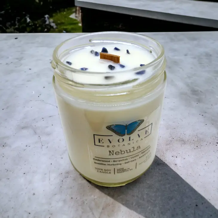 Classic 9oz Jam Jar Crystal Soy Candle - Nebula (Sodalite) Evolve Botanica