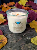 Apparition Rocks Candle - lavender marshmallow espresso dark chocolate soy candle with Howlite and Snow Quartz on autumn leaves