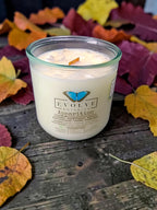 Apparition Rocks Candle - lavender marshmallow espresso dark chocolate soy candle with Howlite and Snow Quartz on autumn leaves