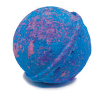 Rainbows & Unicorns bath bomb on white, round blue sphere speckled with pink and purple