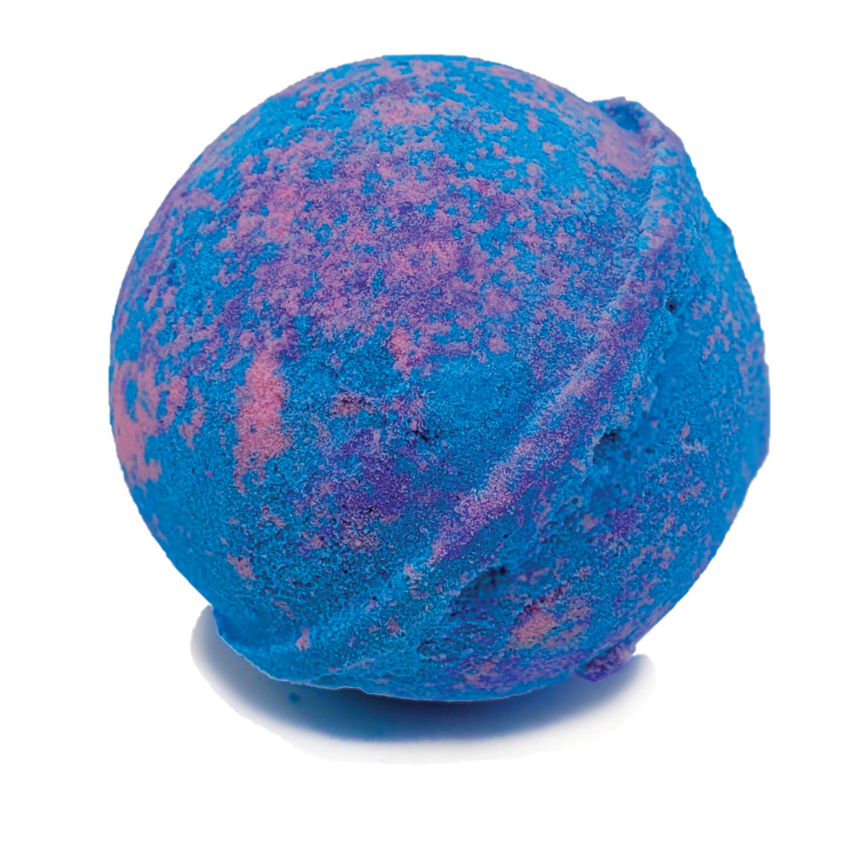 Rainbows & Unicorns bath bomb on white, round blue sphere speckled with pink and purple