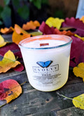 Halo Rocks Candle - almond vanilla milk tonka white amber soy candle with Rainbow Moonstone and Citrine on autumn leaves