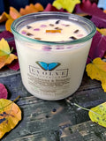 Belladonna and Brandy Rocks Candle - violet brandy oud amber soy candle with Lepidolite and Black Obsidian on autumn leaves