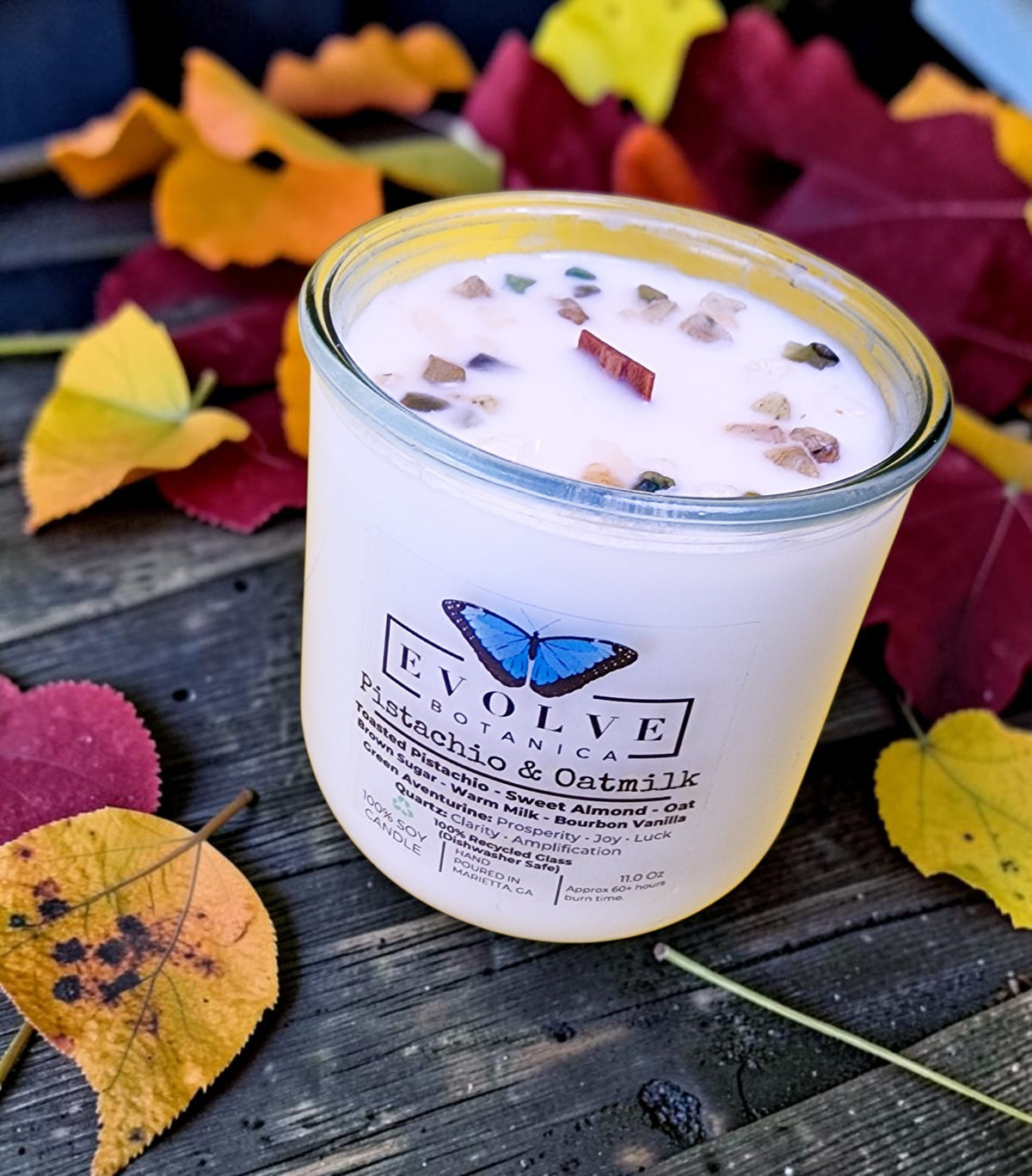 Pistachio and Oatmilk gemstone candle with Green Aventurine and Quartz toppers