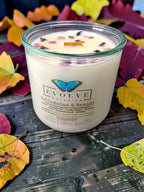 Belladonna and Brandy soy candle with Lepidolite and Black Obsidian crystal toppers