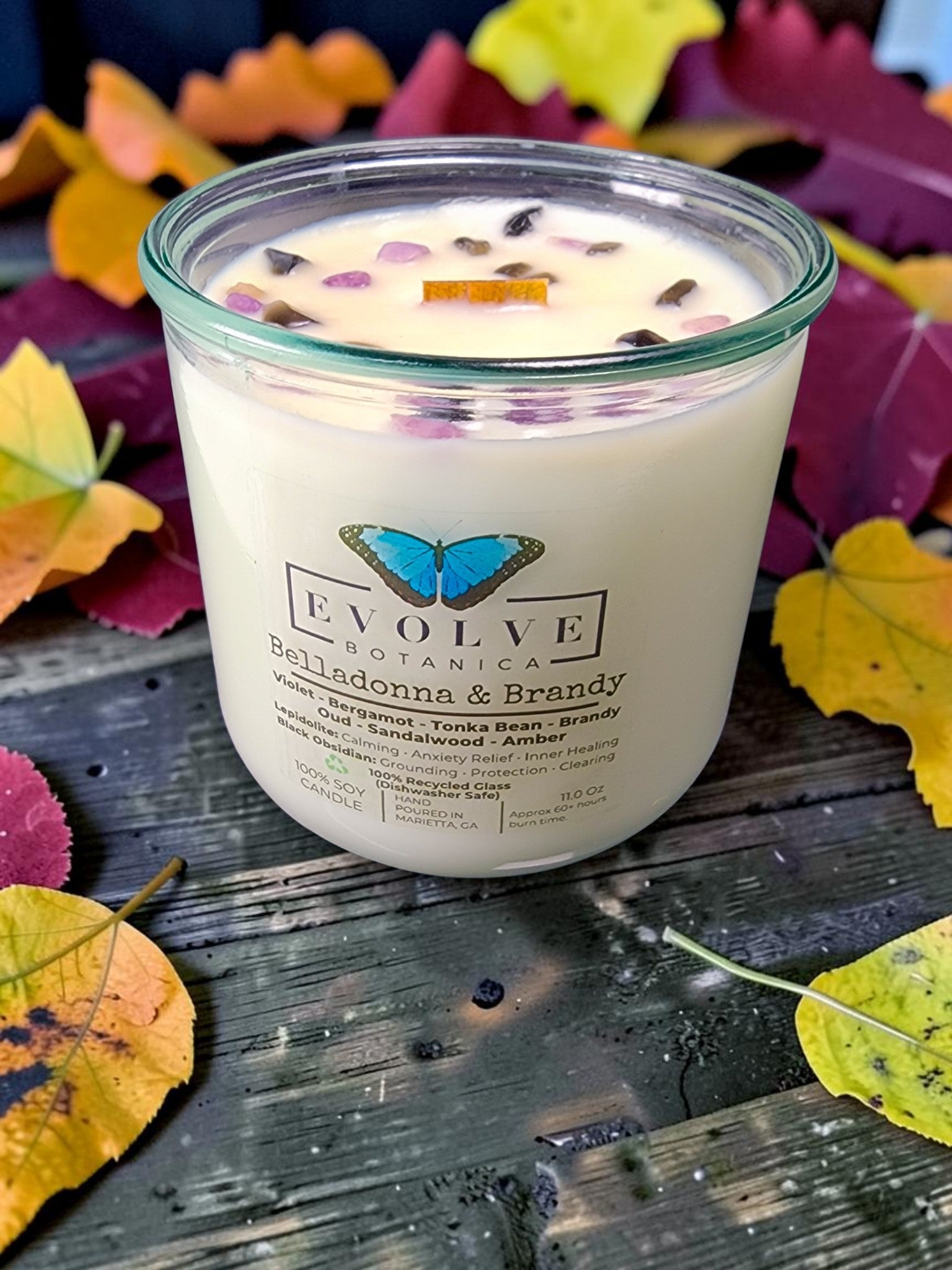 Belladonna and Brandy soy candle with Lepidolite and Black Obsidian crystal toppers